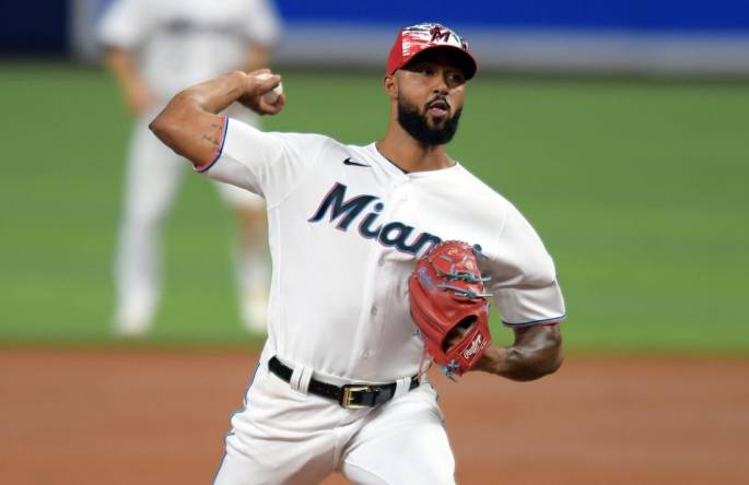 Sandy Alcantara of the Miami Marlins delivers a pitch against the