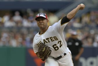Jul 5, 2022; Pittsburgh, Pennsylvania, USA;  Pittsburgh Pirates starting pitcher Jose Quintana (62) delivers a pitch against the New York Yankees during the first inning at PNC Park. Mandatory Credit: Charles LeClaire-USA TODAY Sports