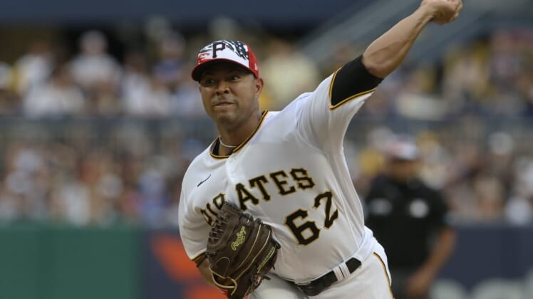 Jul 5, 2022; Pittsburgh, Pennsylvania, USA;  Pittsburgh Pirates starting pitcher Jose Quintana (62) delivers a pitch against the New York Yankees during the first inning at PNC Park. Mandatory Credit: Charles LeClaire-USA TODAY Sports