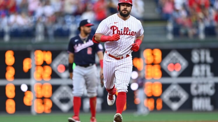 Jul 5, 2022; Philadelphia, Pennsylvania, USA; Philadelphia Phillies outfielder Kyle Schwarber (12) rounds the bases after hitting a home run against the Washington Nationals in the third inning at Citizens Bank Park. Mandatory Credit: Kyle Ross-USA TODAY Sports