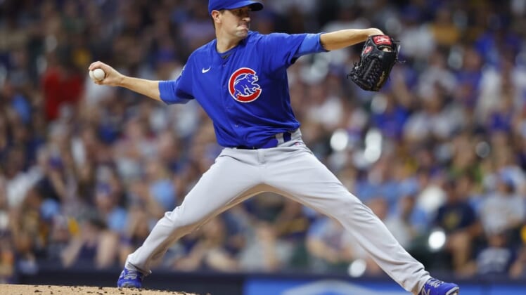 Jul 5, 2022; Milwaukee, Wisconsin, USA;  Chicago Cubs pitcher Kyle Hendricks (28) throws a pitch during the first inning against the Milwaukee Brewers at American Family Field. Mandatory Credit: Jeff Hanisch-USA TODAY Sports