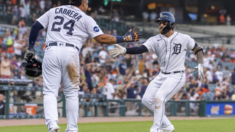 Jul 5, 2022; Detroit, Michigan, USA; Detroit Tigers catcher Eric Haase (right) celebrates with designated hitter Miguel Cabrera (24) after hitting a two run home run during the fourth inning against the Cleveland Guardians at Comerica Park. Mandatory Credit: Raj Mehta-USA TODAY Sports
