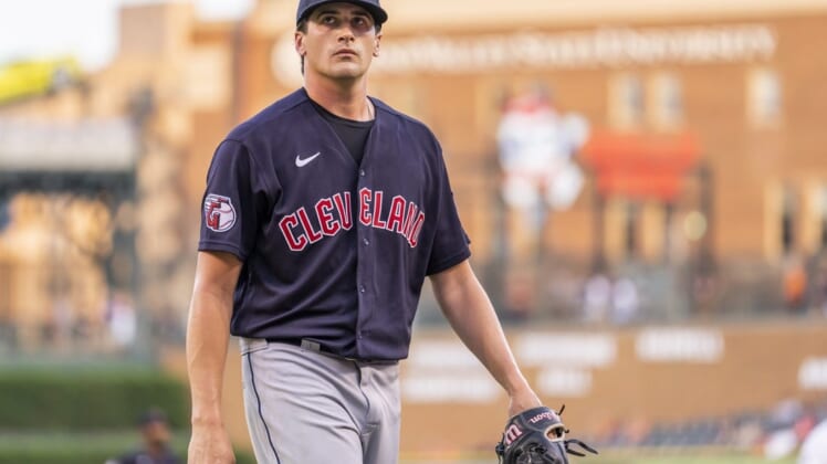 Jul 5, 2022; Detroit, Michigan, USA; Cleveland Guardians starting pitcher Cal Quantrill (47) walks to the dugout during the fourth inning against the Detroit Tigers at Comerica Park. Mandatory Credit: Raj Mehta-USA TODAY Sports