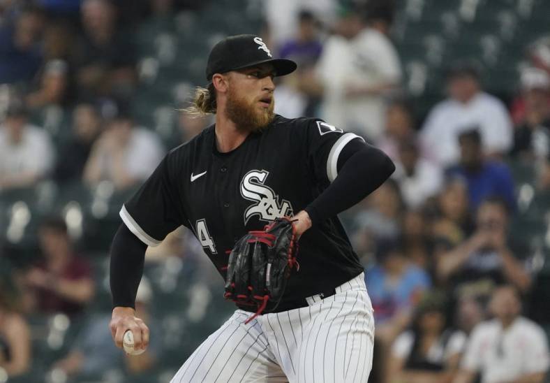 Jul 5, 2022; Chicago, Illinois, USA; Chicago White Sox starting pitcher Michael Kopech (34) throws the ball against the Minnesota Twins during the first inning at Guaranteed Rate Field. Mandatory Credit: David Banks-USA TODAY Sports