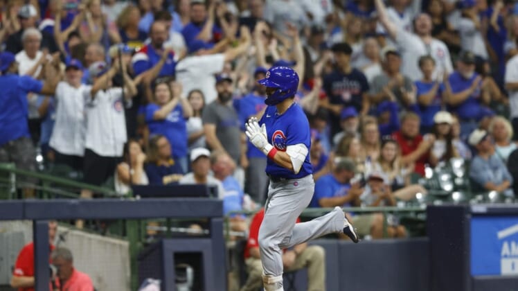 Jul 5, 2022; Milwaukee, Wisconsin, USA;  Chicago Cubs right fielder Seiya Suzuki (27) celebrates after hitting a home run during the fifth inning against the Milwaukee Brewers at American Family Field. Mandatory Credit: Jeff Hanisch-USA TODAY Sports