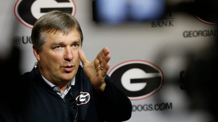 Georgia coach Kirby Smart speaks with the media on the first day of spring practice in Athens, Ga., on Tuesday, March 15, 2022.News Joshua L Jones