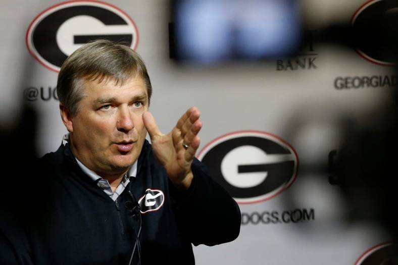 Georgia coach Kirby Smart speaks with the media on the first day of spring practice in Athens, Ga., on Tuesday, March 15, 2022.

News Joshua L Jones