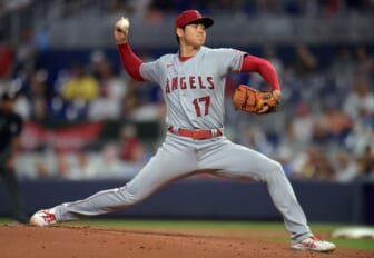 Jul 6, 2022; Miami, Florida, USA; Los Angeles Angels starting pitcher Shohei Ohtani (17) delivers a pitch in the first inning against the Miami Marlins at loanDepot Park. Mandatory Credit: Jim Rassol-USA TODAY Sports