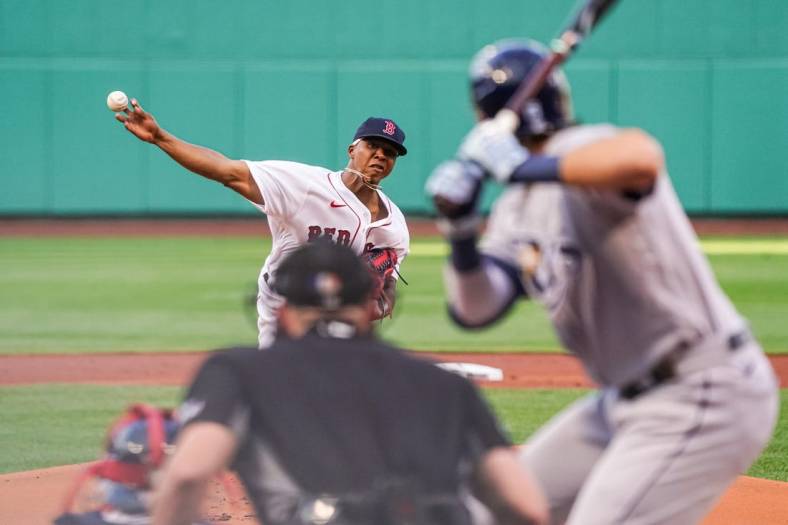 Jul 6, 2022; Boston, Massachusetts, USA; Boston Red Sox starting pitcher Brayan Bello (66) throws a pitch against the Tampa Bay Rays in the first inning at Fenway Park. Mandatory Credit: David Butler II-USA TODAY Sports