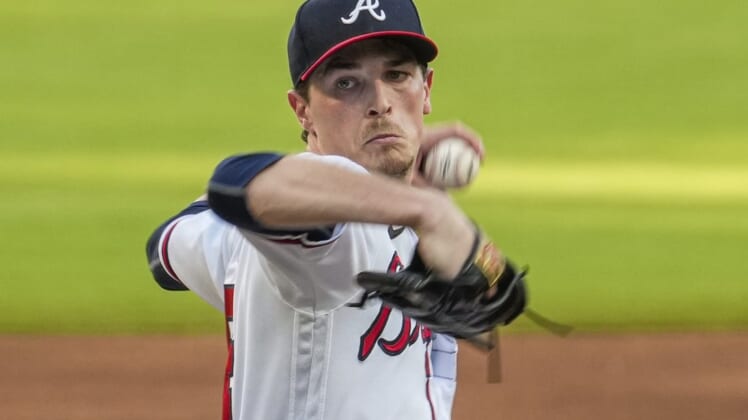 Jul 6, 2022; Cumberland, Georgia, USA; Atlanta Braves starting pitcher Max Fried (54) pitches against the St. Louis Cardinals during the first inning at Truist Park. Mandatory Credit: Dale Zanine-USA TODAY Sports