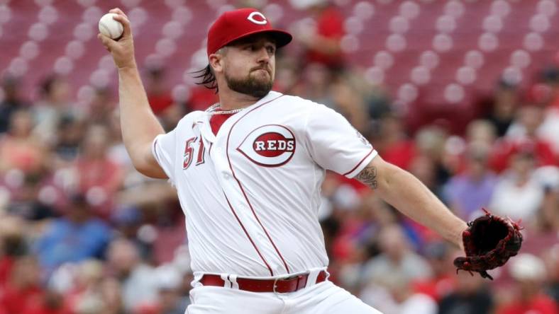 Jul 6, 2022; Cincinnati, Ohio, USA; Cincinnati Reds starting pitcher Graham Ashcraft (51) throws a pitch against the New York Mets during the first inning at Great American Ball Park. Mandatory Credit: David Kohl-USA TODAY Sports