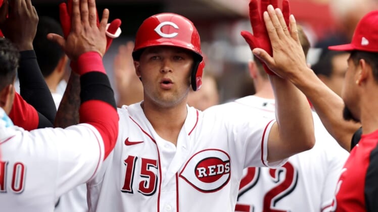 Jul 6, 2022; Cincinnati, Ohio, USA; Cincinnati Reds center fielder Nick Senzel (15) reacts in the dugout after hitting a two-run home run against the New York Mets during the second inning at Great American Ball Park. Mandatory Credit: David Kohl-USA TODAY Sports