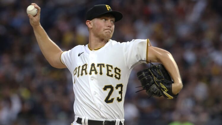 Jul 6, 2022; Pittsburgh, Pennsylvania, USA; Pittsburgh Pirates starting pitcher Mitch Keller (23) throws a pitch against the New York Yankees during the first inning at PNC Park. Mandatory Credit: Charles LeClaire-USA TODAY Sports