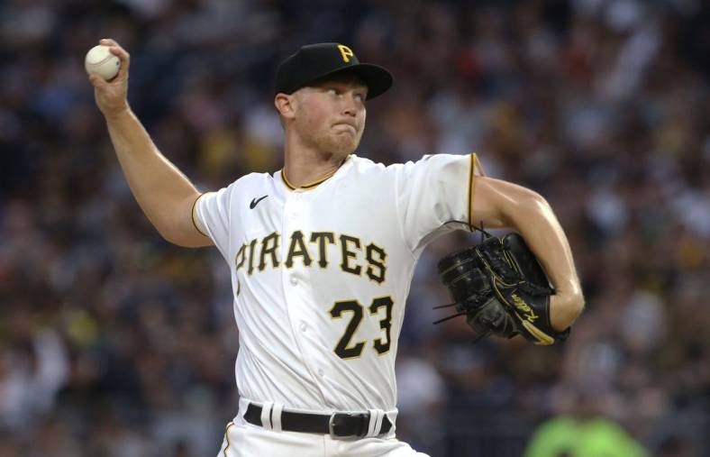 Jul 6, 2022; Pittsburgh, Pennsylvania, USA; Pittsburgh Pirates starting pitcher Mitch Keller (23) throws a pitch against the New York Yankees during the first inning at PNC Park. Mandatory Credit: Charles LeClaire-USA TODAY Sports