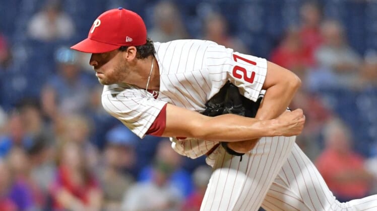 Jul 6, 2022; Philadelphia, Pennsylvania, USA; Philadelphia Phillies starting pitcher Aaron Nola (27) throws a pitch against the Washington Nationals during the sixth inning at Citizens Bank Park. Mandatory Credit: Eric Hartline-USA TODAY Sports