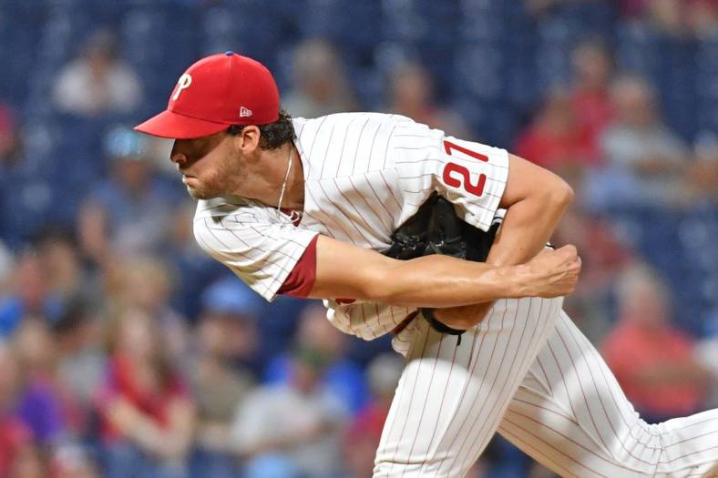 Jul 6, 2022; Philadelphia, Pennsylvania, USA; Philadelphia Phillies starting pitcher Aaron Nola (27) throws a pitch against the Washington Nationals during the sixth inning at Citizens Bank Park. Mandatory Credit: Eric Hartline-USA TODAY Sports