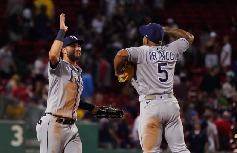 Jul 6, 2022; Boston, Massachusetts, USA; Tampa Bay Rays center fielder Kevin Kiermaier (39), and shortstop Wander Franco (5) react after defeating the Boston Red Sox in nine innings at Fenway Park. Mandatory Credit: David Butler II-USA TODAY Sports