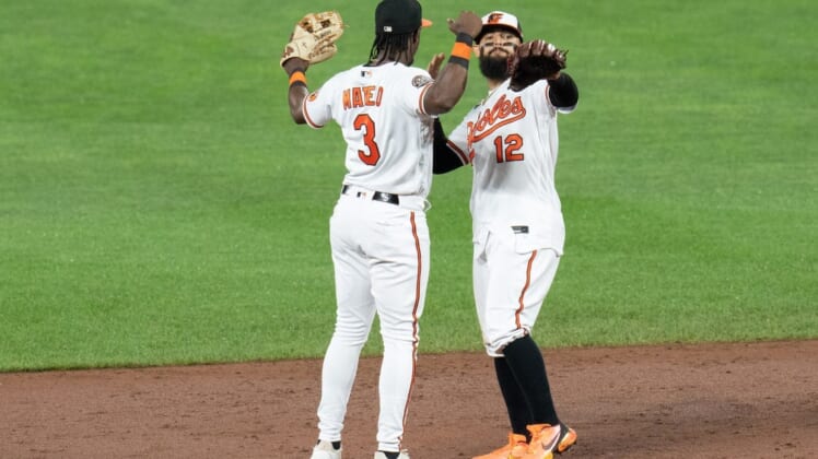Jul 6, 2022; Baltimore, Maryland, USA; Baltimore Orioles shortstop Jorge Mateo (3) and second baseman Rougned Odor (12) celebrate after defeating the Texas Rangers at Oriole Park at Camden Yards. Mandatory Credit: Jessica Rapfogel-USA TODAY Sports