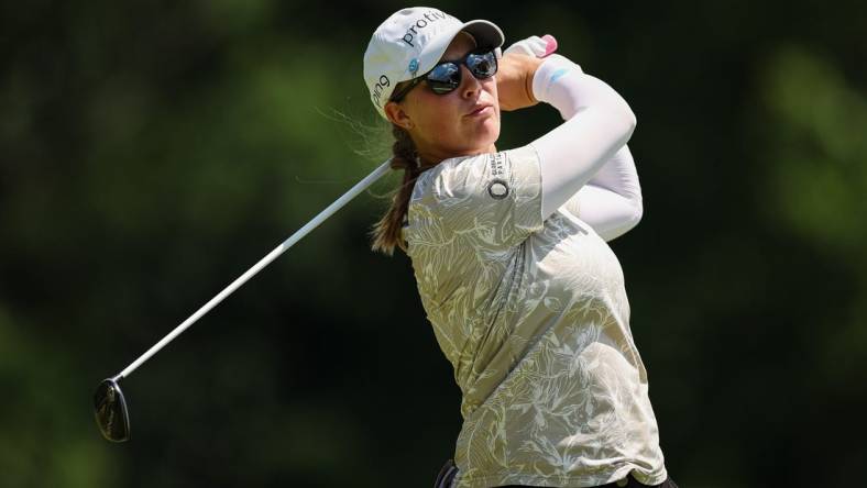 Jun 25, 2022; Bethesda, Maryland, USA; Jennifer Kupcho plays her shot from the fifth tee during the third round of the KPMG Women's PGA Championship golf tournament at Congressional Country Club. Mandatory Credit: Scott Taetsch-USA TODAY Sports