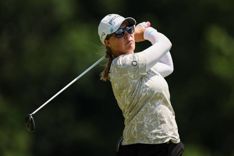 Jun 25, 2022; Bethesda, Maryland, USA; Jennifer Kupcho plays her shot from the fifth tee during the third round of the KPMG Women's PGA Championship golf tournament at Congressional Country Club. Mandatory Credit: Scott Taetsch-USA TODAY Sports