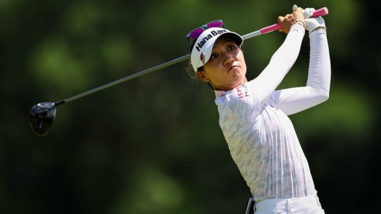 Jun 25, 2022; Bethesda, Maryland, USA; Lydia Ko plays her shot from the fifth tee during the third round of the KPMG Women's PGA Championship golf tournament at Congressional Country Club. Mandatory Credit: Scott Taetsch-USA TODAY Sports