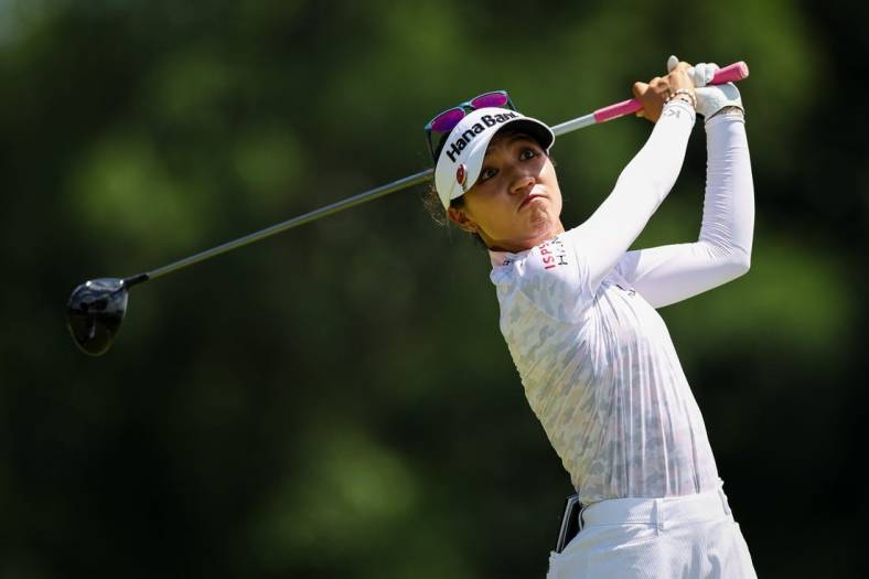 Jun 25, 2022; Bethesda, Maryland, USA; Lydia Ko plays her shot from the fifth tee during the third round of the KPMG Women's PGA Championship golf tournament at Congressional Country Club. Mandatory Credit: Scott Taetsch-USA TODAY Sports