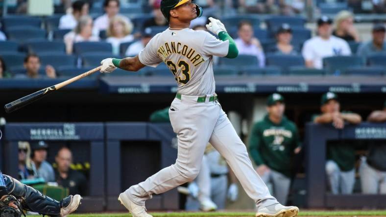 Jun 28, 2022; Bronx, New York, USA;  Oakland Athletics first baseman Christian Bethancourt (23) at Yankee Stadium. Mandatory Credit: Wendell Cruz-USA TODAY Sports