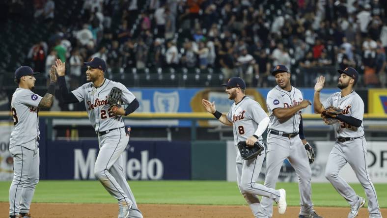 Jul 7, 2022; Chicago, Illinois, USA; Detroit Tigers players celebrate after defeating the Chicago White Sox at Guaranteed Rate Field. Mandatory Credit: Kamil Krzaczynski-USA TODAY Sports