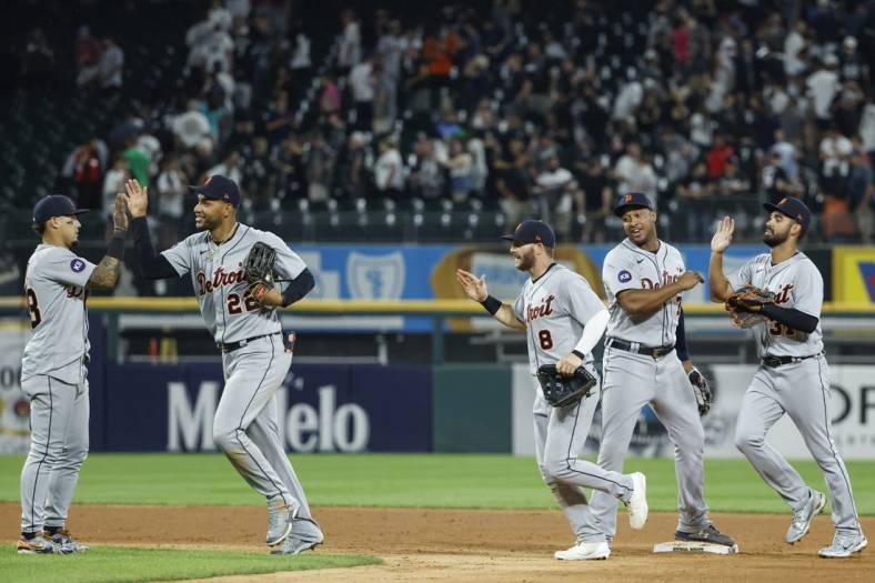 Jul 7, 2022; Chicago, Illinois, USA; Detroit Tigers players celebrate after defeating the Chicago White Sox at Guaranteed Rate Field. Mandatory Credit: Kamil Krzaczynski-USA TODAY Sports