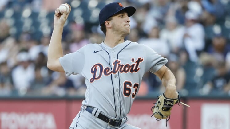 Jul 7, 2022; Chicago, Illinois, USA; Detroit Tigers starting pitcher Beau Brieske (63) delivers against the Chicago White Sox during the first inning at Guaranteed Rate Field. Mandatory Credit: Kamil Krzaczynski-USA TODAY Sports