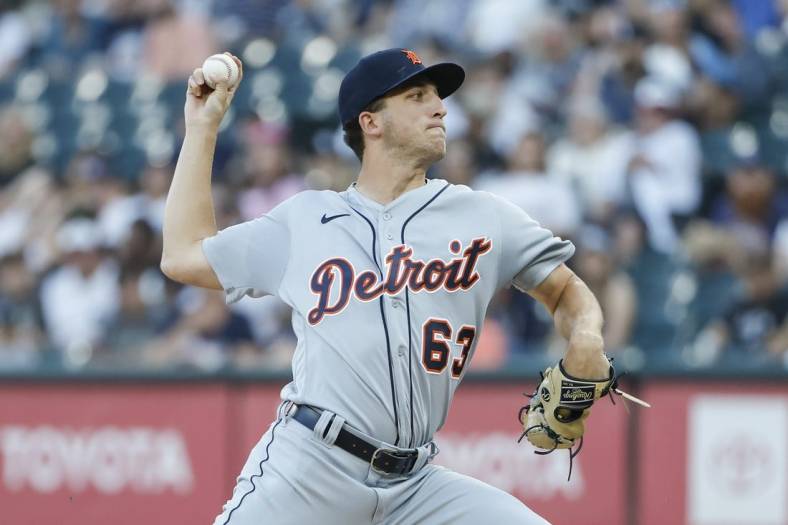 Jul 7, 2022; Chicago, Illinois, USA; Detroit Tigers starting pitcher Beau Brieske (63) delivers against the Chicago White Sox during the first inning at Guaranteed Rate Field. Mandatory Credit: Kamil Krzaczynski-USA TODAY Sports