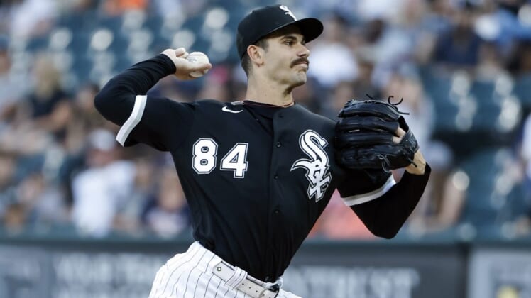 Jul 7, 2022; Chicago, Illinois, USA; Chicago White Sox starting pitcher Dylan Cease (84) delivers against the Detroit Tigers during the first inning at Guaranteed Rate Field. Mandatory Credit: Kamil Krzaczynski-USA TODAY Sports