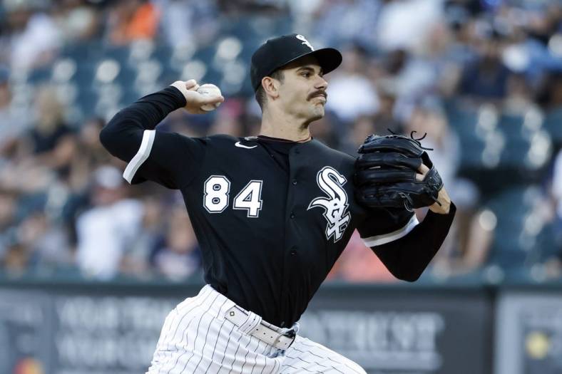Jul 7, 2022; Chicago, Illinois, USA; Chicago White Sox starting pitcher Dylan Cease (84) delivers against the Detroit Tigers during the first inning at Guaranteed Rate Field. Mandatory Credit: Kamil Krzaczynski-USA TODAY Sports