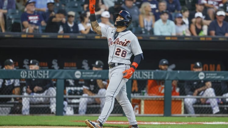 Jul 7, 2022; Chicago, Illinois, USA; Detroit Tigers shortstop Javier Baez (28) rounds the bases after hitting a solo home run against the Chicago White Sox during the fourth inning at Guaranteed Rate Field. Mandatory Credit: Kamil Krzaczynski-USA TODAY Sports