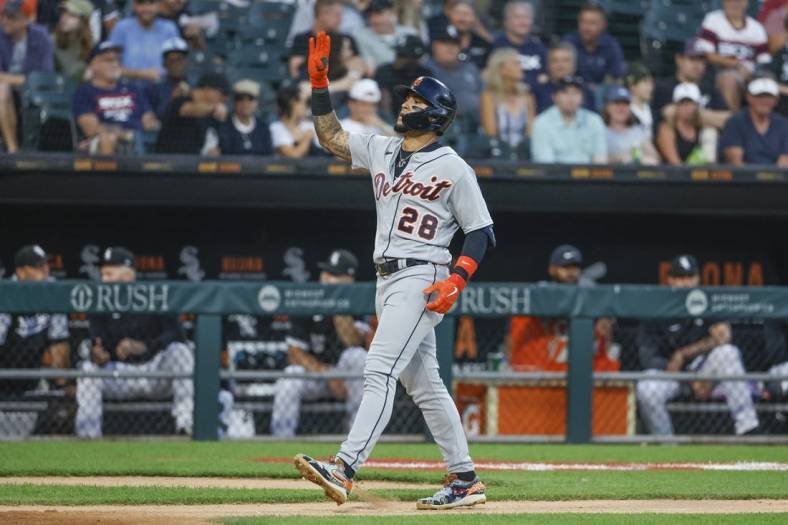 Jul 7, 2022; Chicago, Illinois, USA; Detroit Tigers shortstop Javier Baez (28) rounds the bases after hitting a solo home run against the Chicago White Sox during the fourth inning at Guaranteed Rate Field. Mandatory Credit: Kamil Krzaczynski-USA TODAY Sports