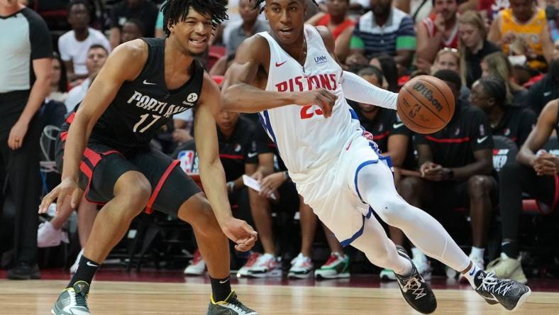 Jul 7, 2022; Las Vegas, NV, USA; Detroit Pistons guard Jaden Ivey (23) dribbles against Portland Trail Blazers guard Shaedon Sharpe (17) during an NBA Summer League game at T&M. Mandatory Credit: Stephen R. Sylvanie-USA TODAY Sports