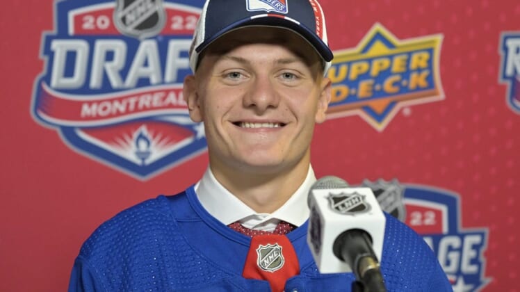 Jul 8, 2022; Montreal, Quebec, CANADA; Adam Sykora gives an interview after being selected by the New York Rangers in the second round of the 2022 NHL Draft at the Bell Centre. Mandatory Credit: Eric Bolte-USA TODAY Sports