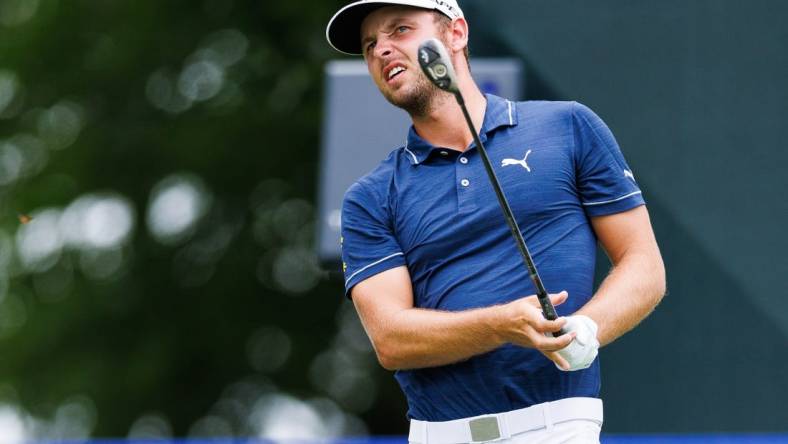 Jul 8, 2022; Nicholasville, Kentucky, USA; Adam Svensson plays his shot from the 12th tee during the second round of the Barbasol Championship golf tournament. Mandatory Credit: Jordan Prather-USA TODAY Sports