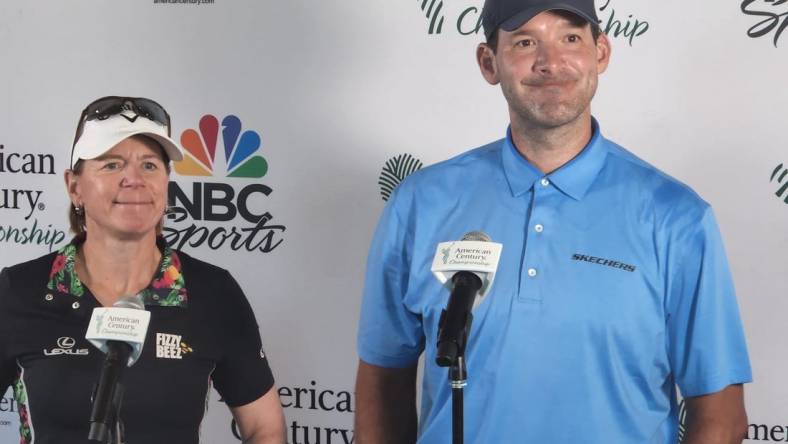 Annika Sorenstam and Tony Romo talk to the media Friday at Edgewood Tahoe after the first round of the American Century Championship celebrity golf tournament.

Annika Tony R Friday