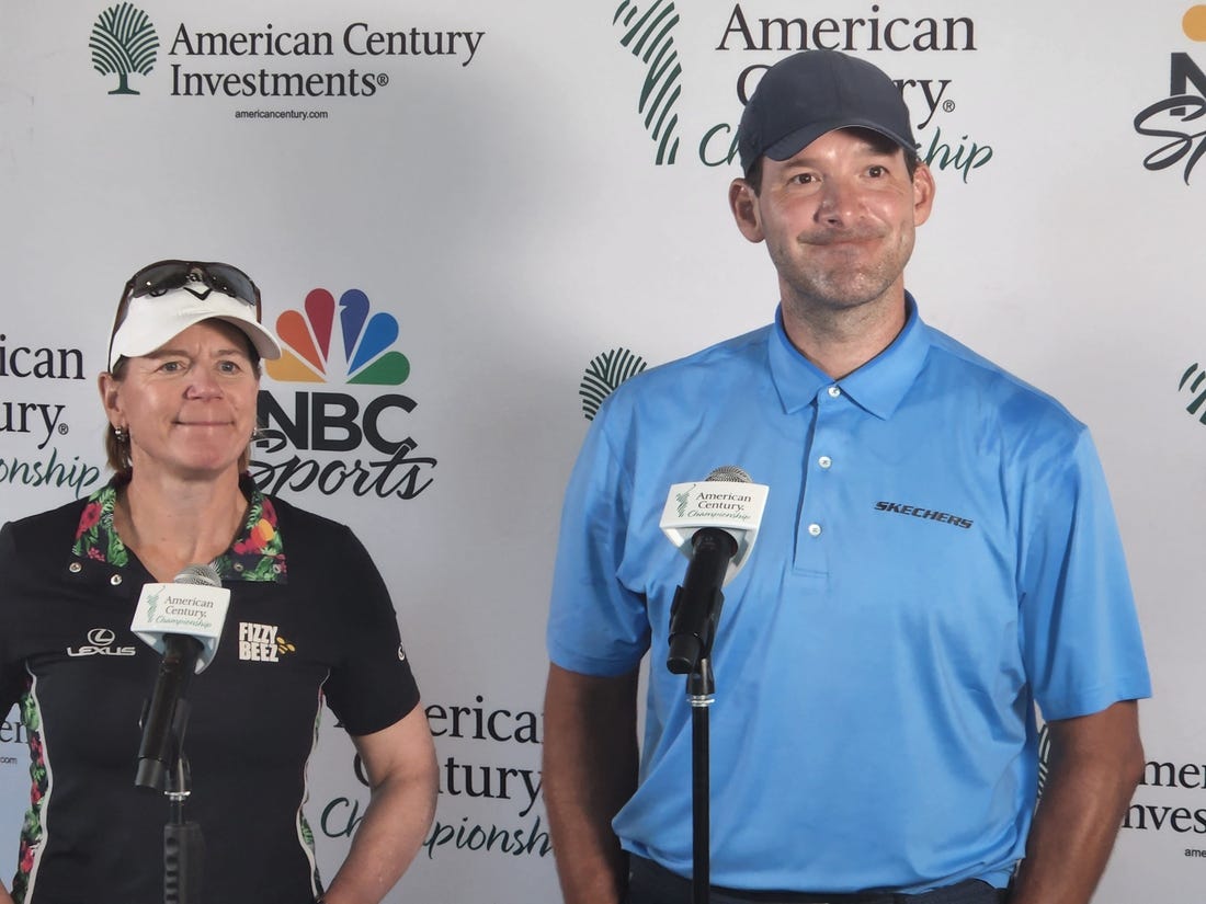 Annika Sorenstam and Tony Romo talk to the media Friday at Edgewood Tahoe after the first round of the American Century Championship celebrity golf tournament.

Annika Tony R Friday