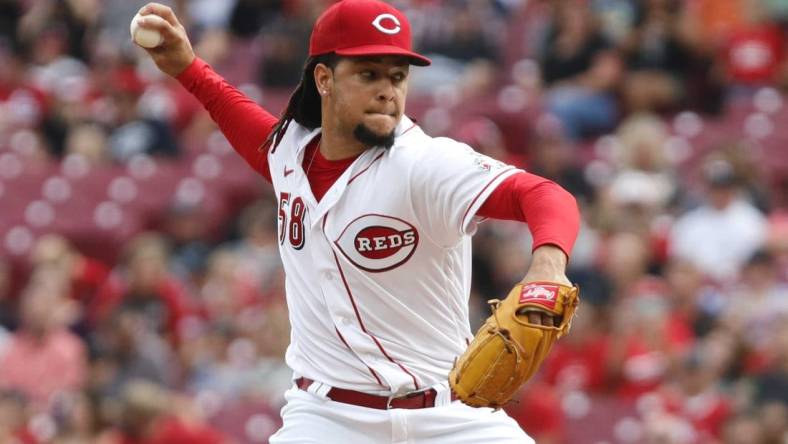 Jul 8, 2022; Cincinnati, Ohio, USA; Cincinnati Reds starting pitcher Luis Castillo (58) throws a pitch against the Tampa Bay Rays during the first inning at Great American Ball Park. Mandatory Credit: David Kohl-USA TODAY Sports