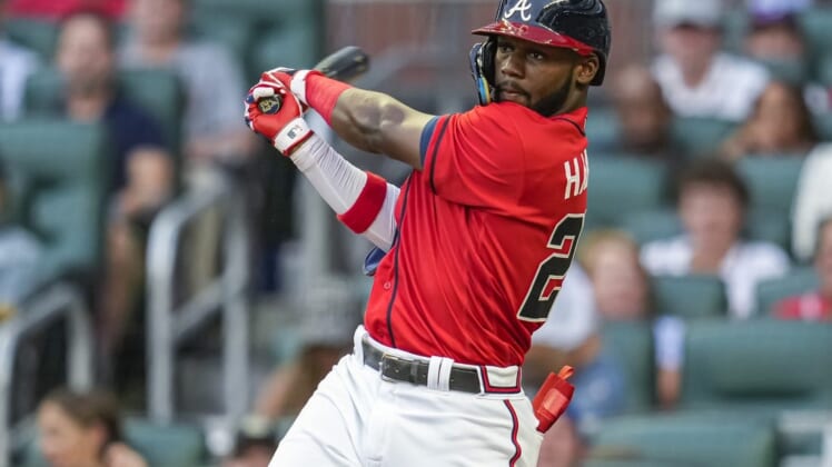 Jul 8, 2022; Cumberland, Georgia, USA; Atlanta Braves center fielder Michael Harris II (23) hits a double to score two runs against the Washington Nationals during the second inning at Truist Park. Mandatory Credit: Dale Zanine-USA TODAY Sports