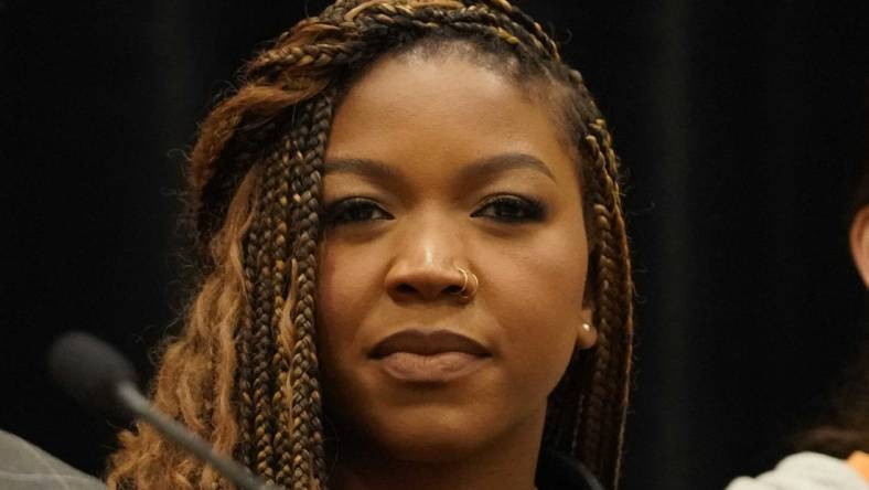 Jul 8, 2022; Chicago, IL, USA; Cherelle Griner spouse of Brittney Griner  during a press conference  addressing the detention of Brittney Griner in Russia at Hyatt Regency at McCormick Place. Mandatory Credit: David Banks-USA TODAY Sports