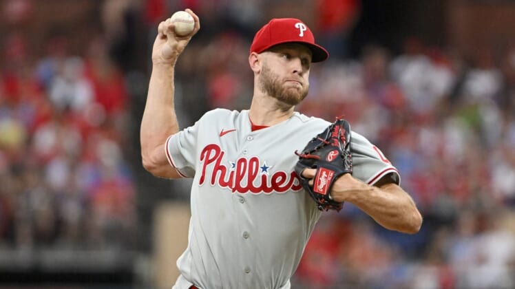 Jul 8, 2022; St. Louis, Missouri, USA;  Philadelphia Phillies starting pitcher Zack Wheeler (45) pitches against the St. Louis Cardinals during the first inning at Busch Stadium. Mandatory Credit: Jeff Curry-USA TODAY Sports