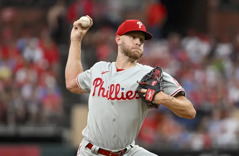 Jul 8, 2022; St. Louis, Missouri, USA;  Philadelphia Phillies starting pitcher Zack Wheeler (45) pitches against the St. Louis Cardinals during the first inning at Busch Stadium. Mandatory Credit: Jeff Curry-USA TODAY Sports