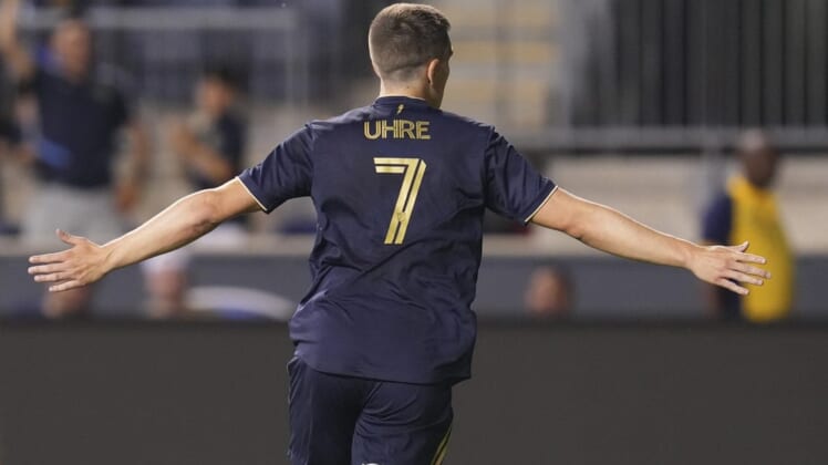Jul 8, 2022; Chester, Pennsylvania, USA; Philadelphia Union forward Mikael Uhre (7) reacts after scoring a goal against D.C. United in the second half at Subaru Park. Mandatory Credit: Mitchell Leff-USA TODAY Sports