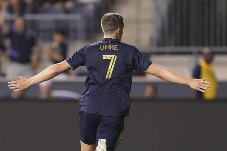 Jul 8, 2022; Chester, Pennsylvania, USA; Philadelphia Union forward Mikael Uhre (7) reacts after scoring a goal against D.C. United in the second half at Subaru Park. Mandatory Credit: Mitchell Leff-USA TODAY Sports