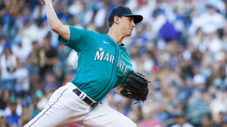 Jul 8, 2022; Seattle, Washington, USA; Seattle Mariners starting pitcher George Kirby (68) throws against the Toronto Blue Jays during the second inning at T-Mobile Park. Mandatory Credit: Joe Nicholson-USA TODAY Sports