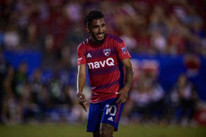Jul 4, 2022; Frisco, Texas, USA; FC Dallas forward Jesus Ferreira (10) in action during the game between FC Dallas and Inter Miami at Toyota Stadium. Mandatory Credit: Jerome Miron-USA TODAY Sports