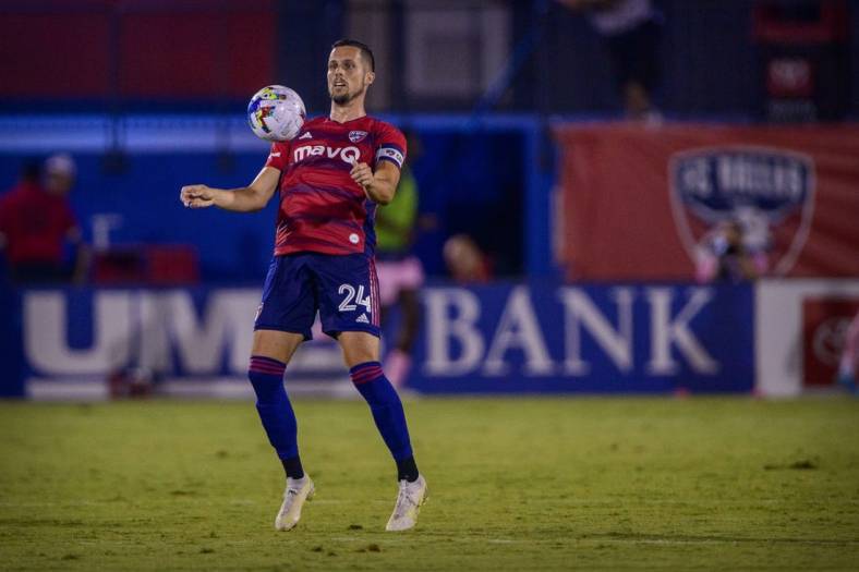 Jul 4, 2022; Frisco, Texas, USA; FC Dallas defender Matt Hedges (24) in action during the game between FC Dallas and Inter Miami at Toyota Stadium. Mandatory Credit: Jerome Miron-USA TODAY Sports